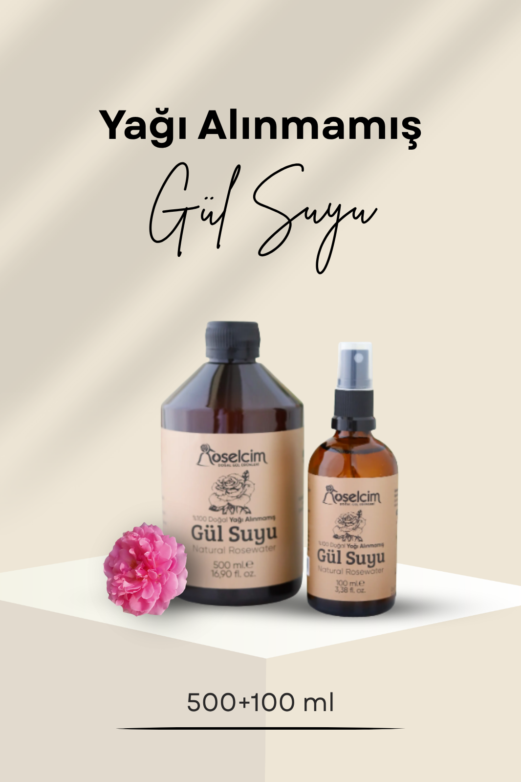 Yağı Alınmamış Doğal Gül Suyu 500 Ml+100 Ml Sprey Şişe (Gül Mayası)