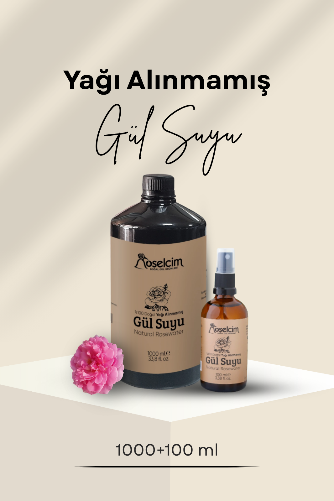 Yağı Alınmamış Doğal Gül Suyu 1000 Ml+100 Ml Sprey Şişe (Gül Mayası)