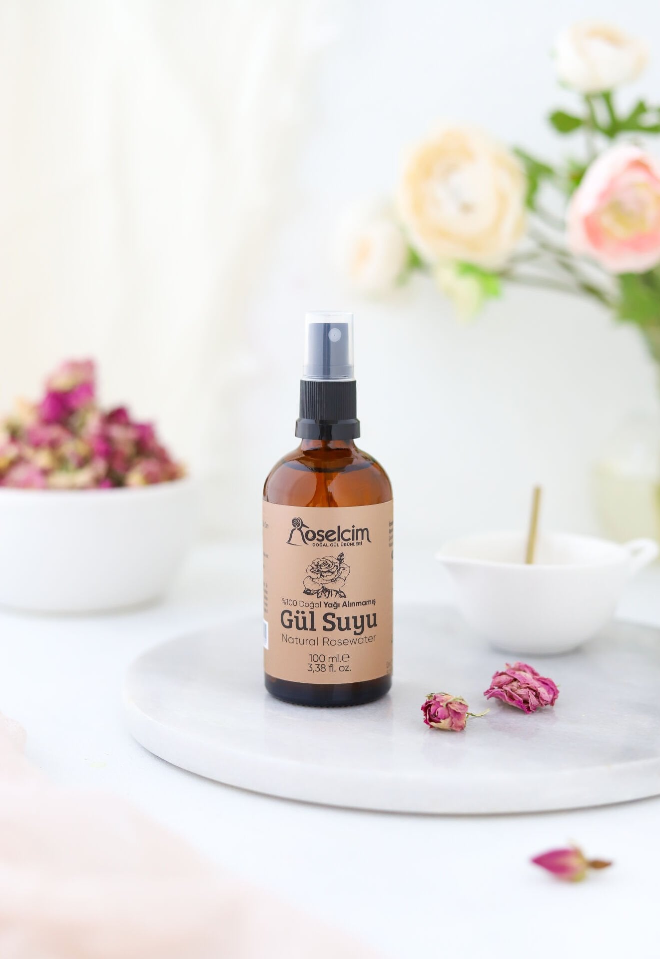 100 ml Yağı Alınmamış Doğal Gül Suyu -Cam Sprey Şişe (Gül Mayası)