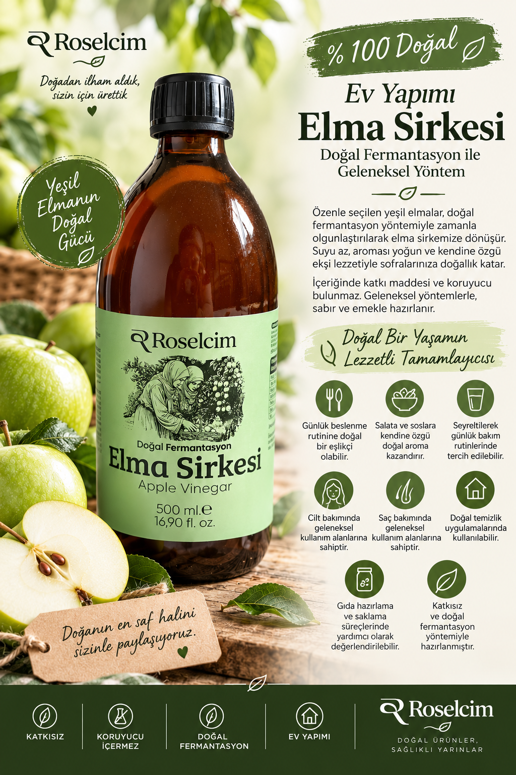 Roselcim Doğal Fermantasyon Elma Sirkesi (cam şişe) – 500 ml